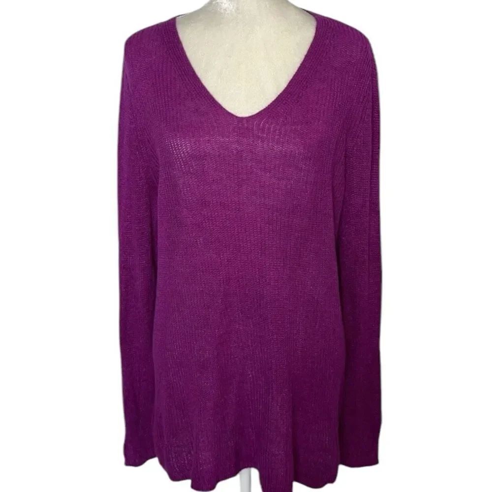Eileen Fisher Organic Linen Knit Longline Fuchsia V Neck Long Sleeve SweaterL